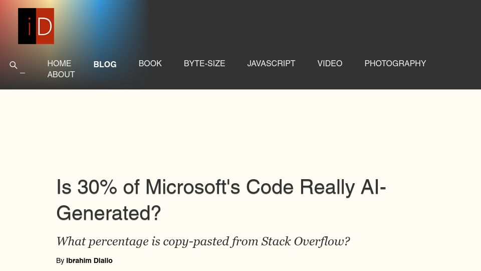 Screenshot of idiallo.com: Is 30% of Microsoft's code AI-generated?