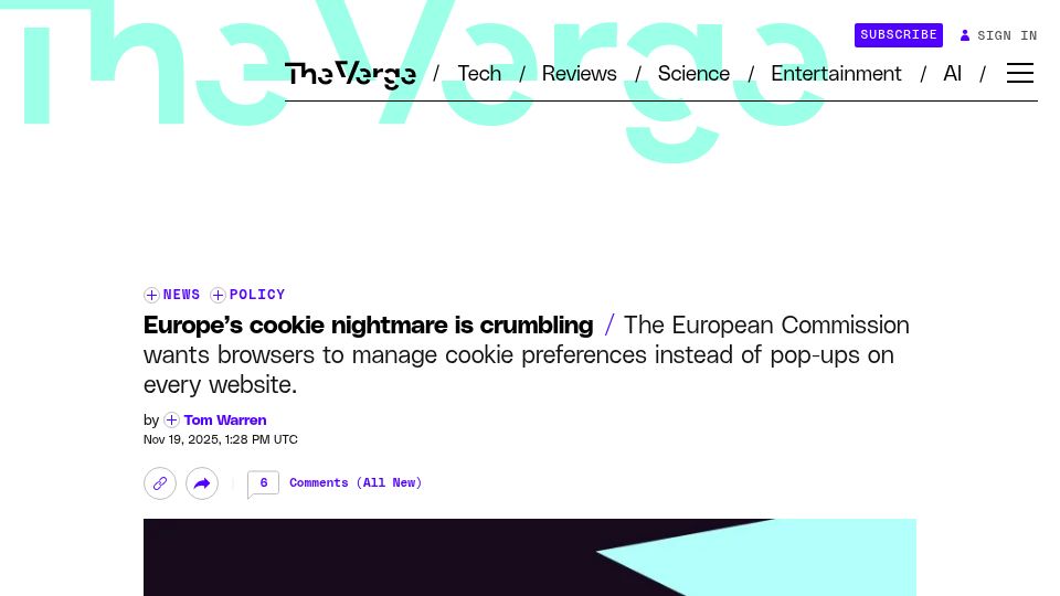 Screenshot of theverge.com: Europe's cookie nightmare is crumbling. EC wants preference at browser level