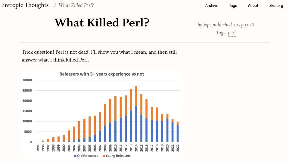 Screenshot of entropicthoughts.com: What Killed Perl?