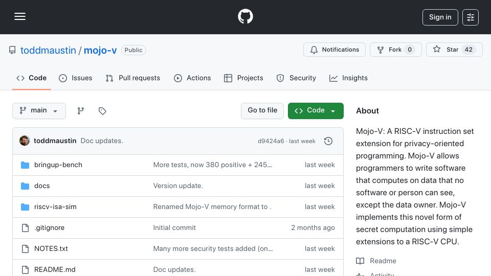 Screenshot of github.com: Mojo-V: Secret Computation for RISC-V