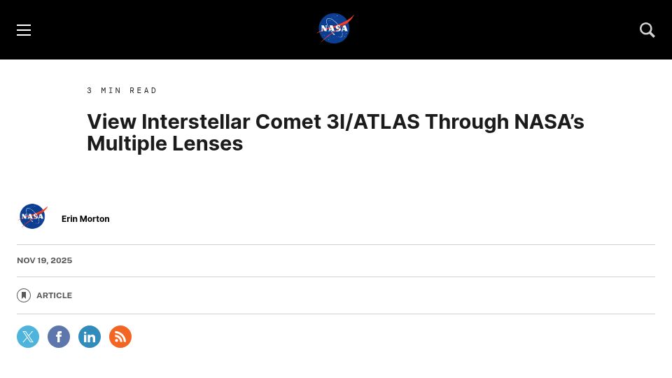 Screenshot of science.nasa.gov: View Interstellar Comet 3I/Atlas Through NASA's Multiple Lenses