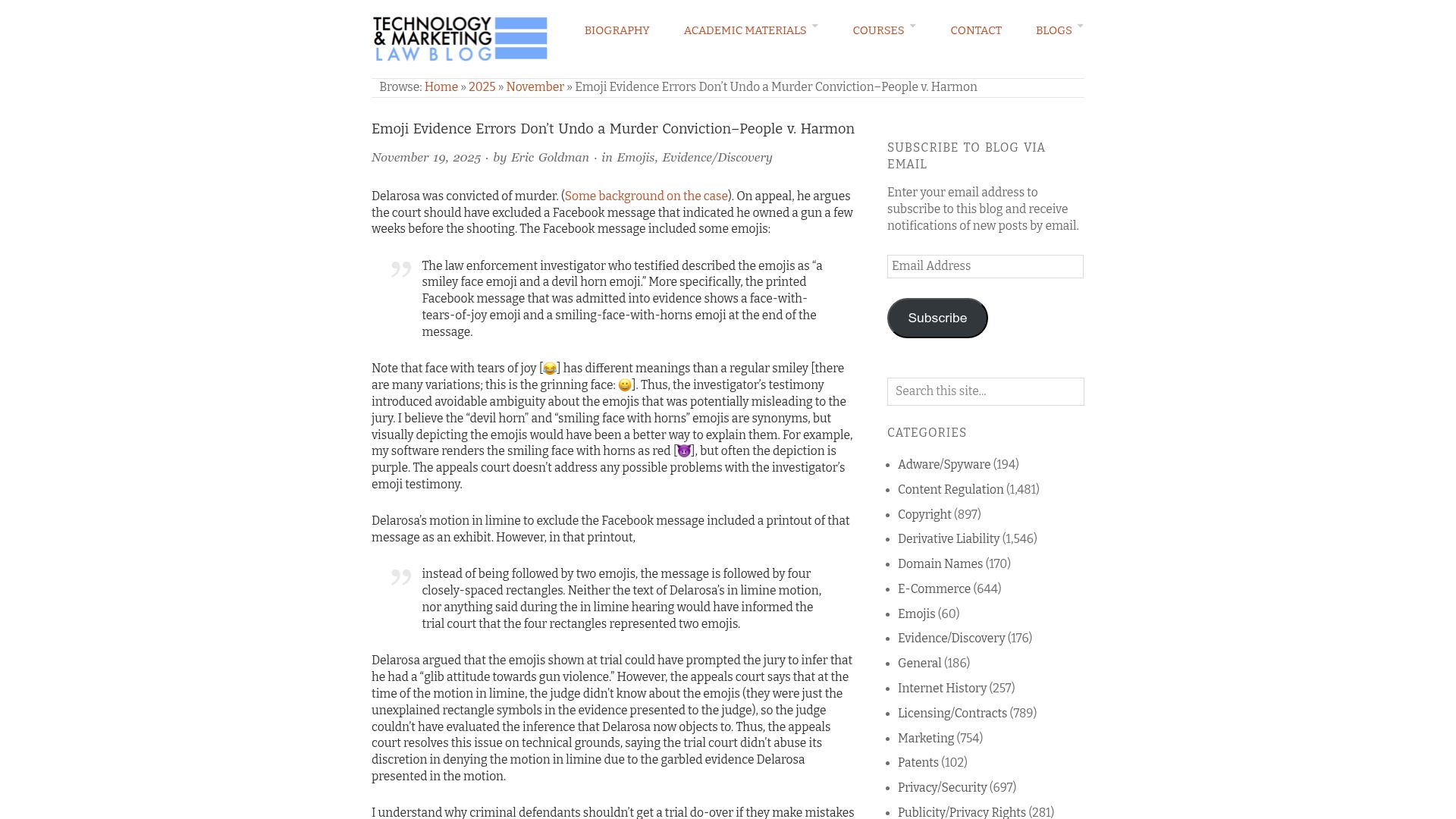 Screenshot of blog.ericgoldman.org: Emoji evidence errors don’t undo a murder conviction