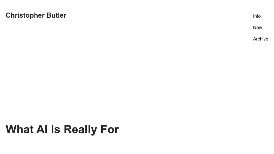 Screenshot of chrbutler.com: AI is a front for consolidation of resources and power