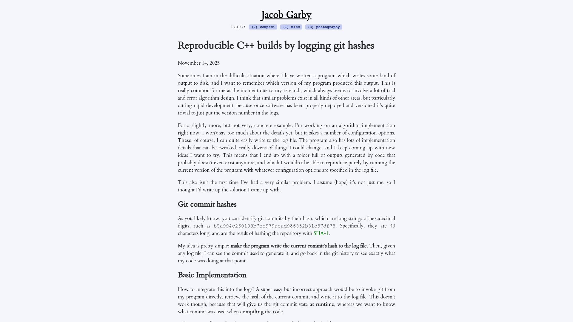 Screenshot of jgarby.uk: Reproducible C++ builds by logging Git hashes