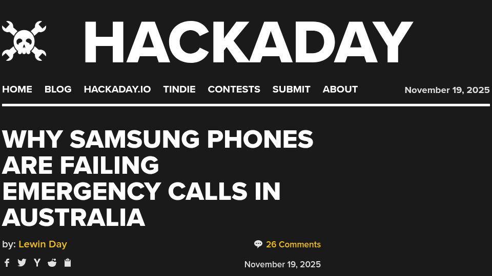 Screenshot of hackaday.com: Why Samsung Phones Are Failing Emergency Calls in Australia