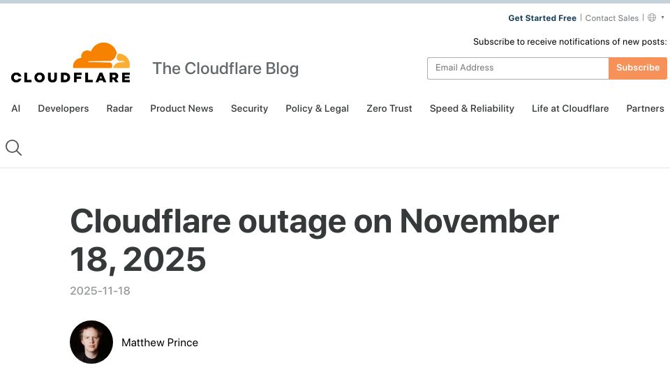 Screenshot of blog.cloudflare.com: Cloudflare outage on November 18, 2025 post mortem