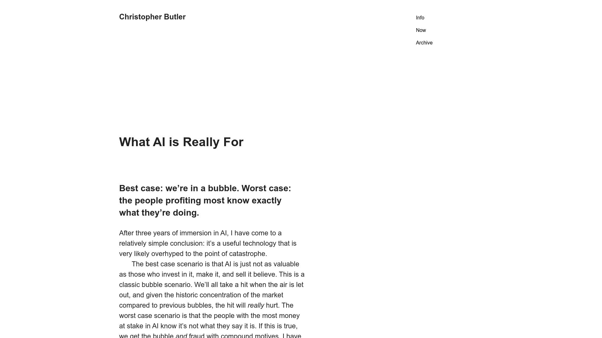 Screenshot of chrbutler.com: AI is a front for consolidation of resources and power