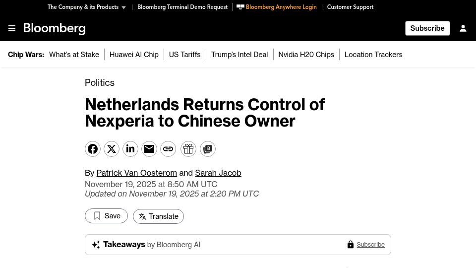 Screenshot of bloomberg.com: Netherlands returns control of Nexperia to Chinese owner