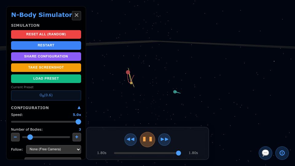 Screenshot of trisolarchaos.com: Show HN: Browser-based interactive 3D Three-Body problem simulator