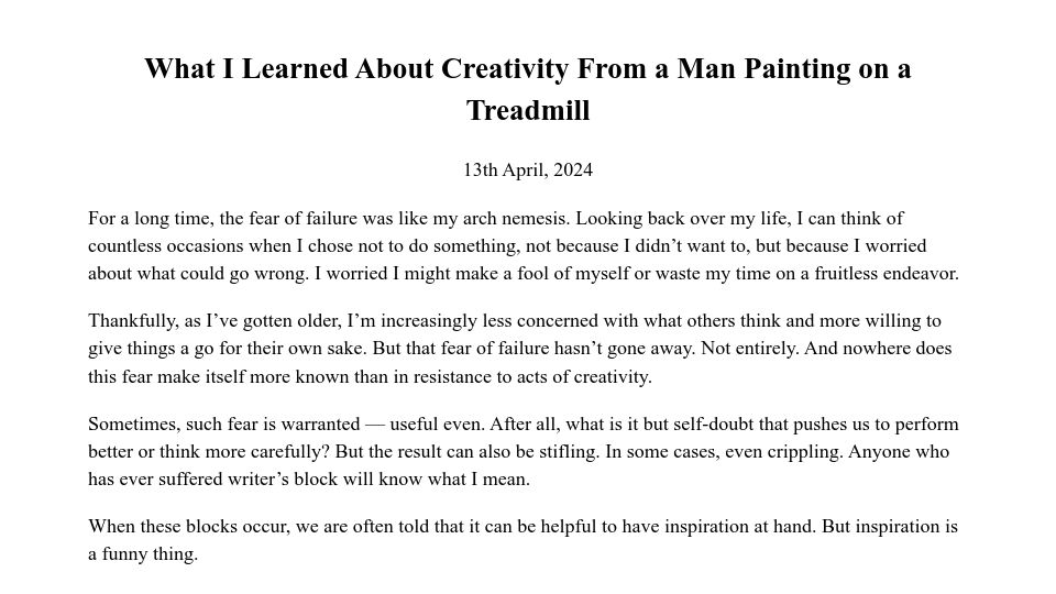 Screenshot of quinnmaclay.com: What I learned about creativity from a man painting on a treadmill (2024)