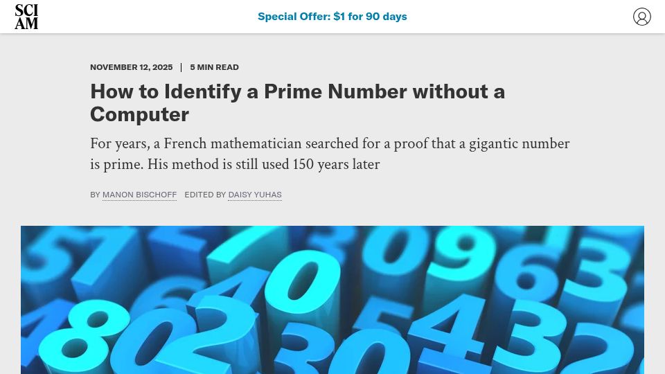 Screenshot of scientificamerican.com: The Lucas-Lehmer Prime Number Test