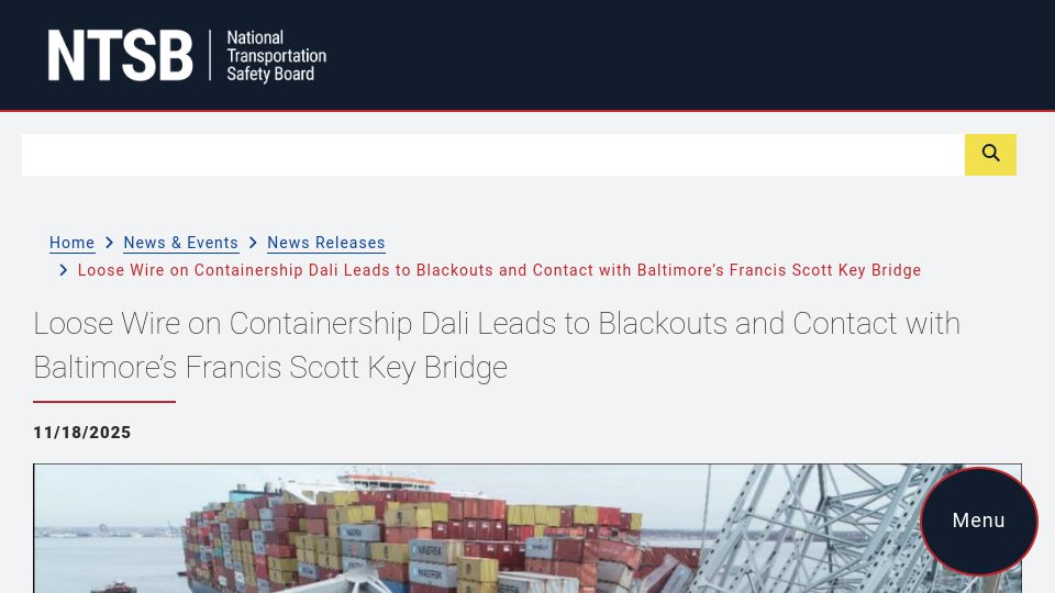 Screenshot of ntsb.gov: Loose wire leads to blackout, contact with Francis Scott Key bridge