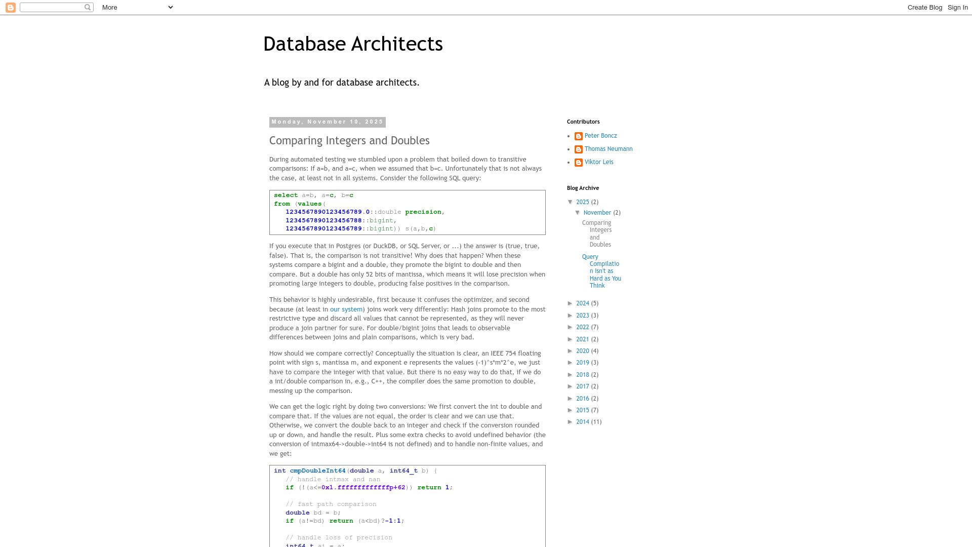 Screenshot of databasearchitects.blogspot.com: Comparing Integers and Doubles
