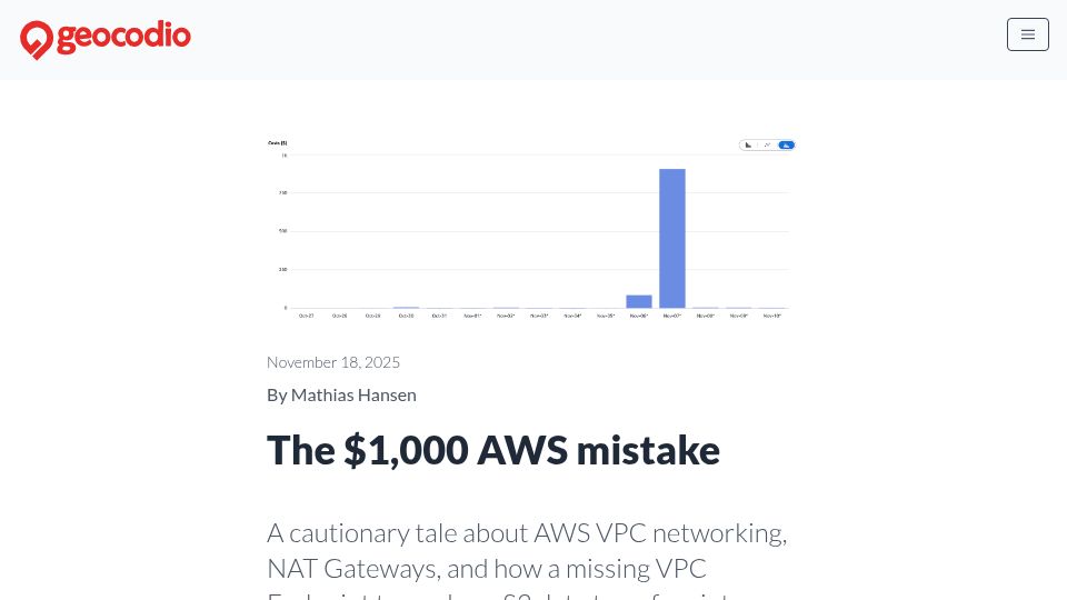 Screenshot of geocod.io: A $1k AWS mistake