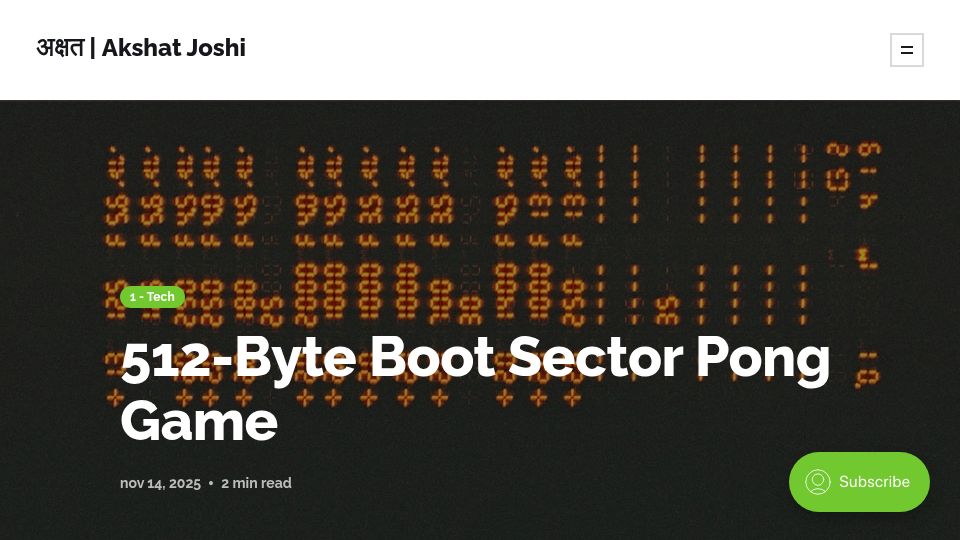 Screenshot of akshatjoshi.com: I wrote a Pong game in a 512-byte boot sector