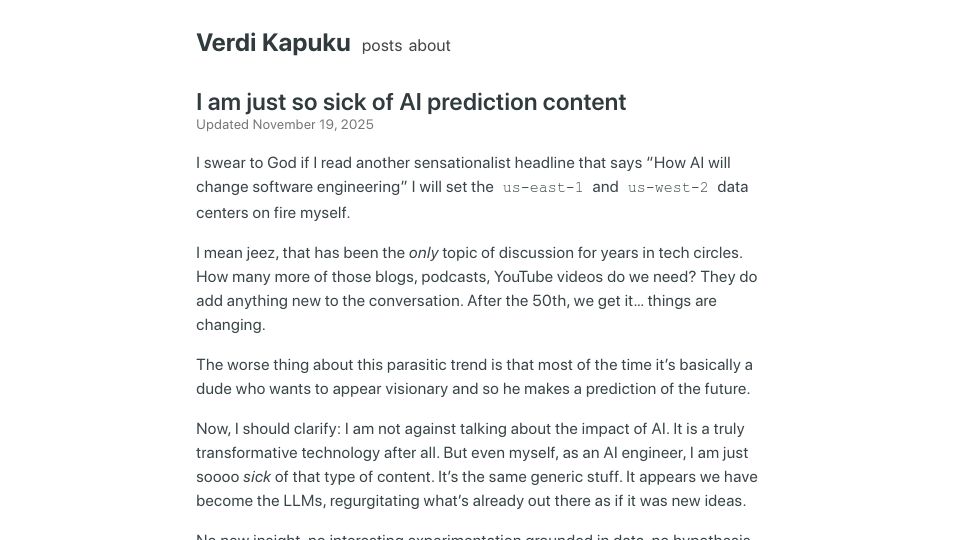 Screenshot of verdikapuku.com: I am just sooo sick of AI prediction content, let's kill it already