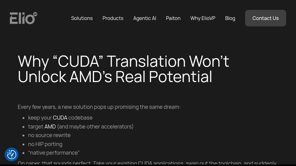 Screenshot of eliovp.com: Why CUDA translation wont unlock AMD