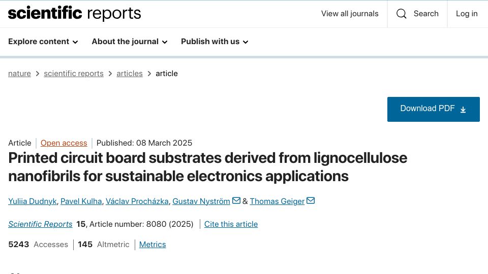 Screenshot of nature.com: Printed circuit board substrates derived from lignocellulose nanofibrils