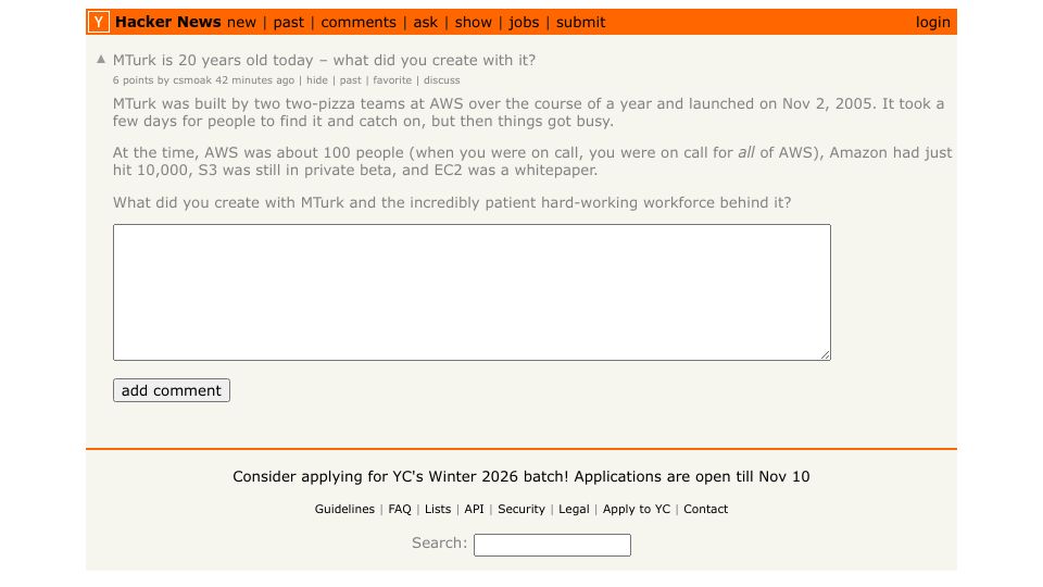 Screenshot of Hacker News post: Mechanical Turk is twenty years old today. What did you create with it?