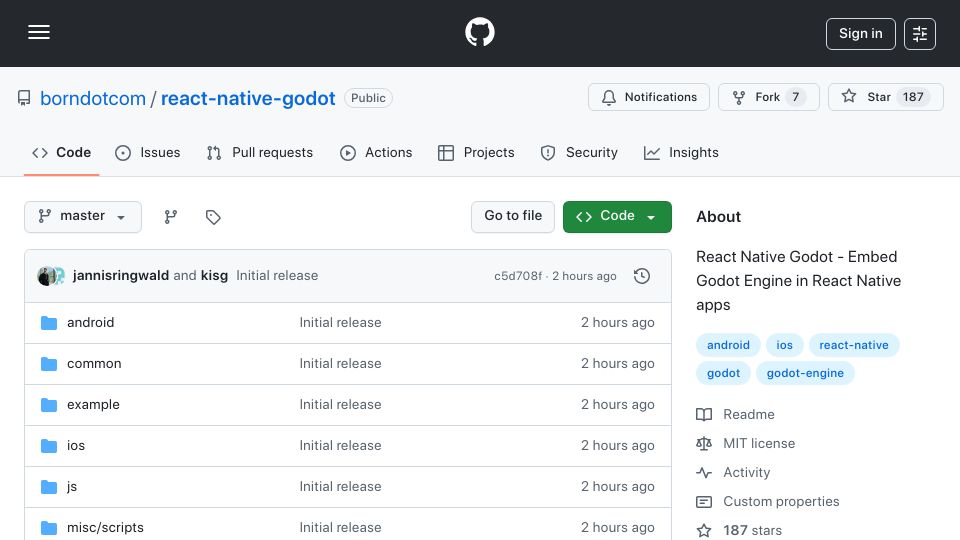 Screenshot of github.com: React-Native-Godot