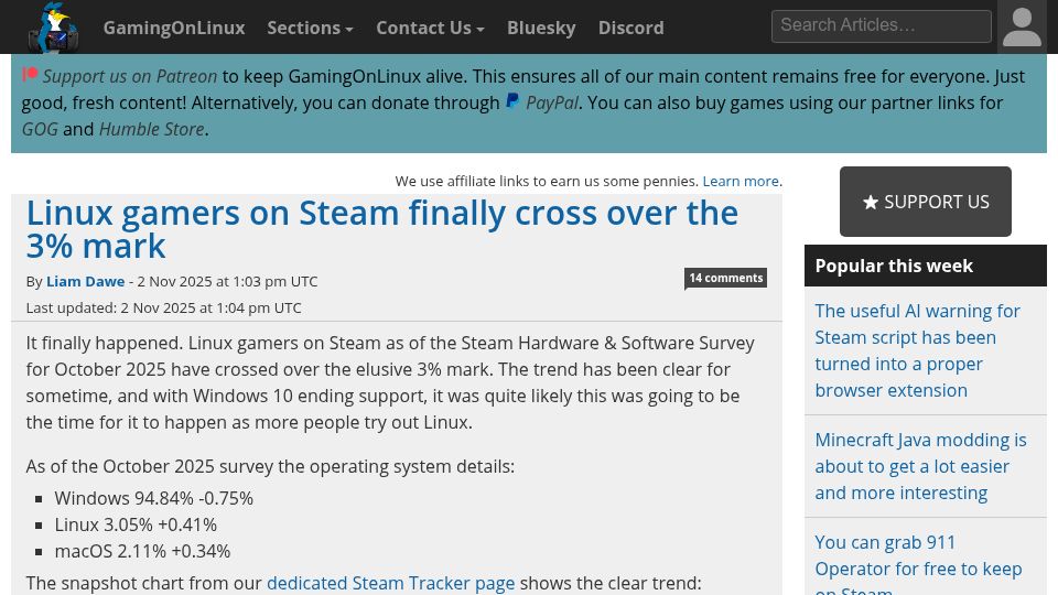 Screenshot of gamingonlinux.com: Linux gamers on Steam cross over the 3% mark