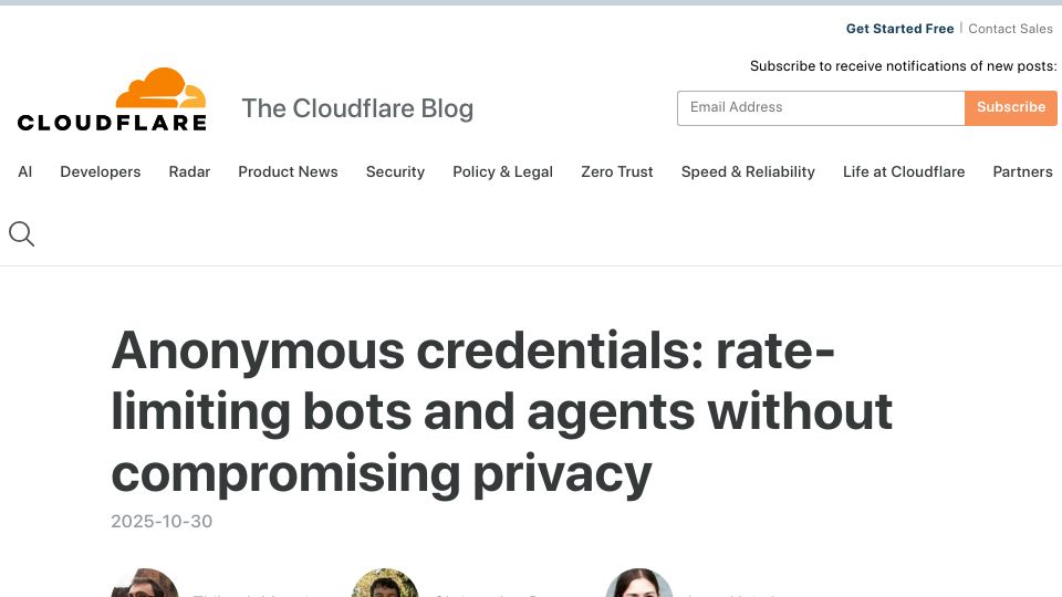 Screenshot of blog.cloudflare.com: Anonymous credentials: rate-limit bots and agents without compromising privacy