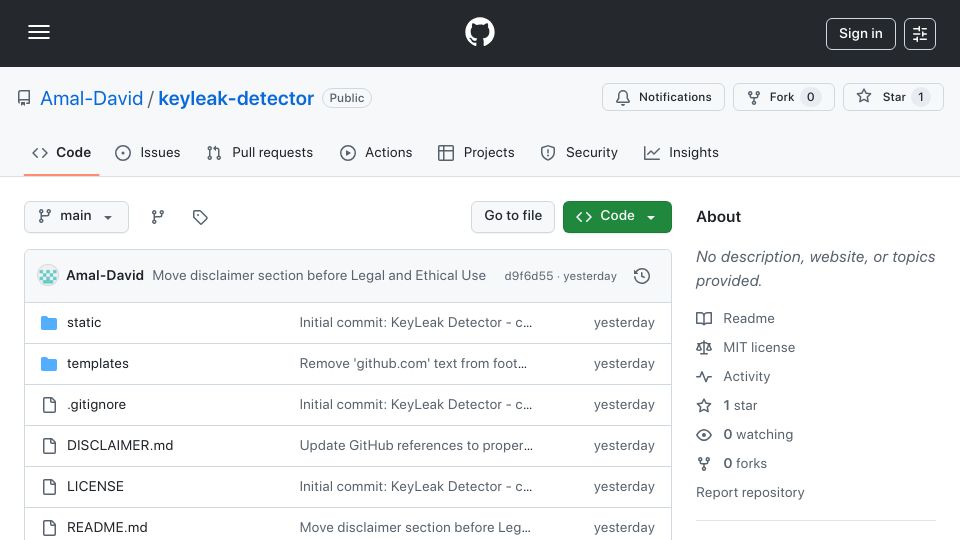 Screenshot of github.com: Show HN: KeyLeak Detector – Scan websites for exposed API keys and secrets