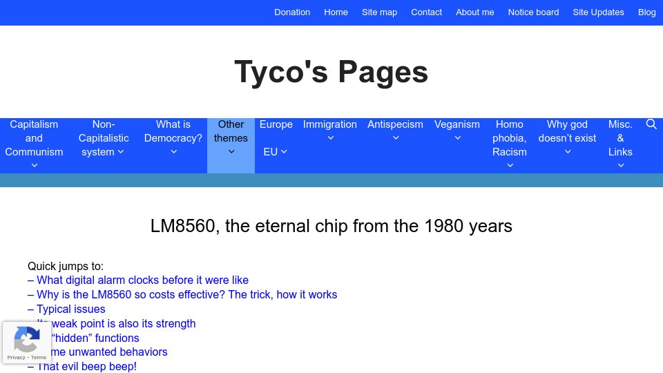 Screenshot of tycospages.com: LM8560, the eternal chip from the 1980 years