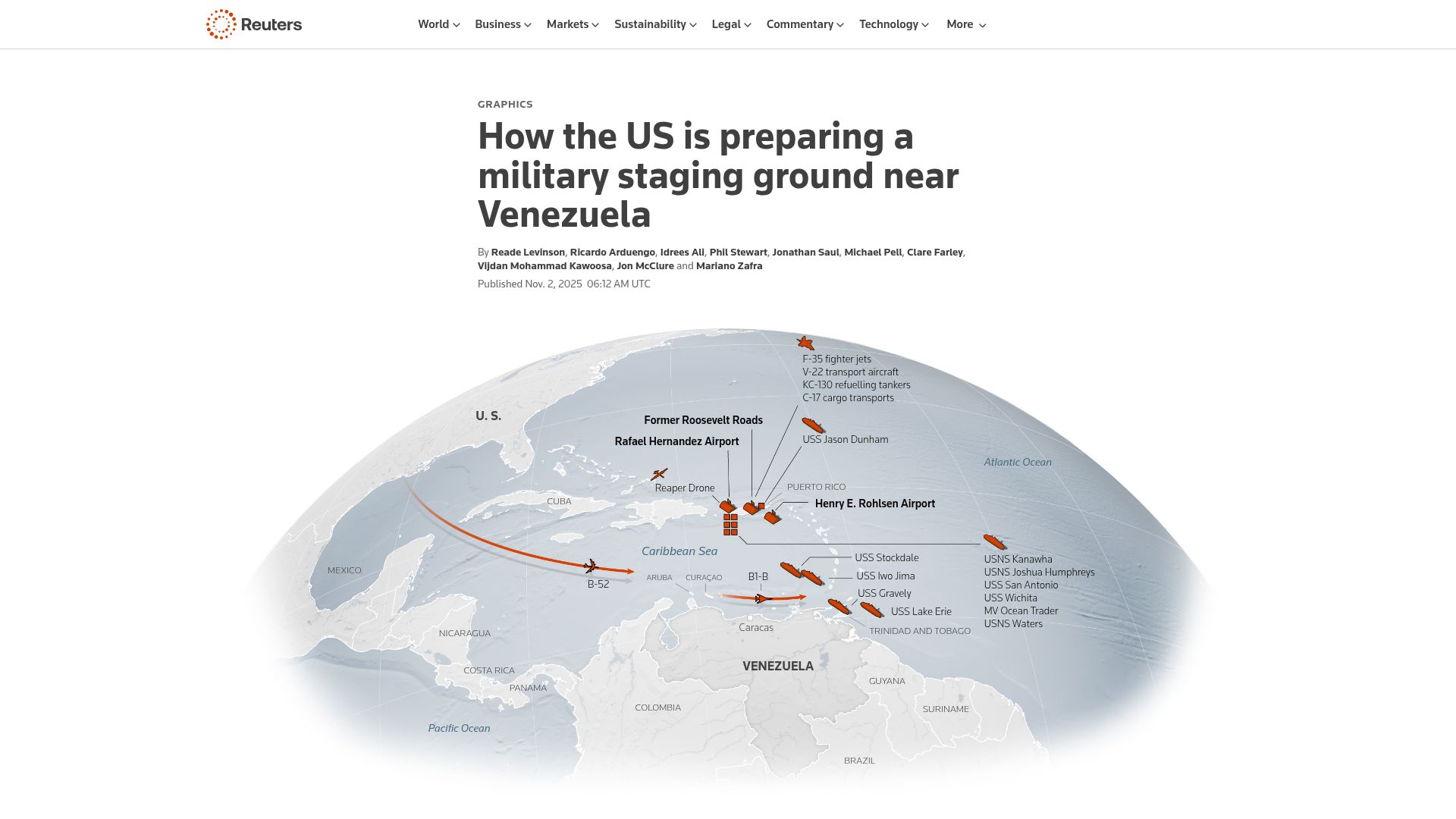 Screenshot of reuters.com: How the US is preparing a Caribbean staging ground near Venezuela