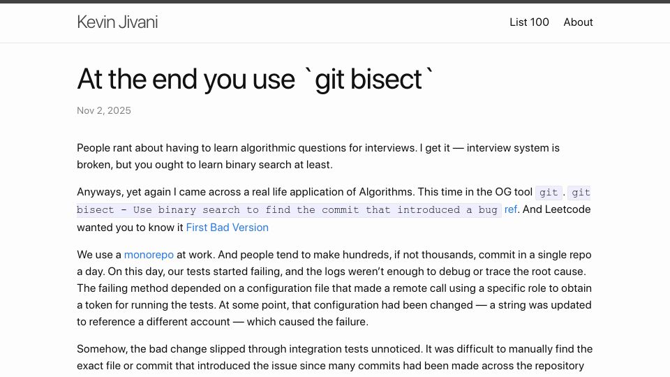 Screenshot of kevin3010.github.io: At the end you use `git bisect`
