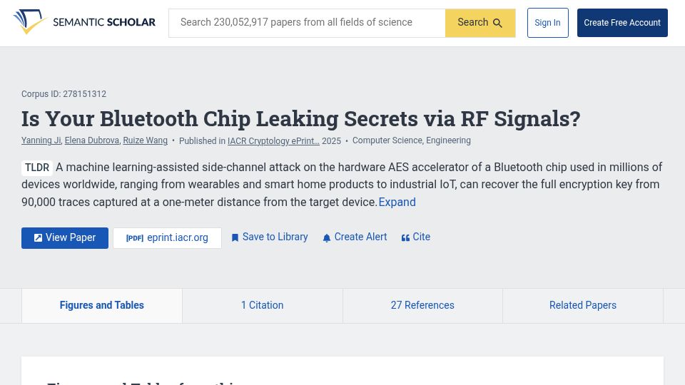 Screenshot of semanticscholar.org: Is Your Bluetooth Chip Leaking Secrets via RF Signals?