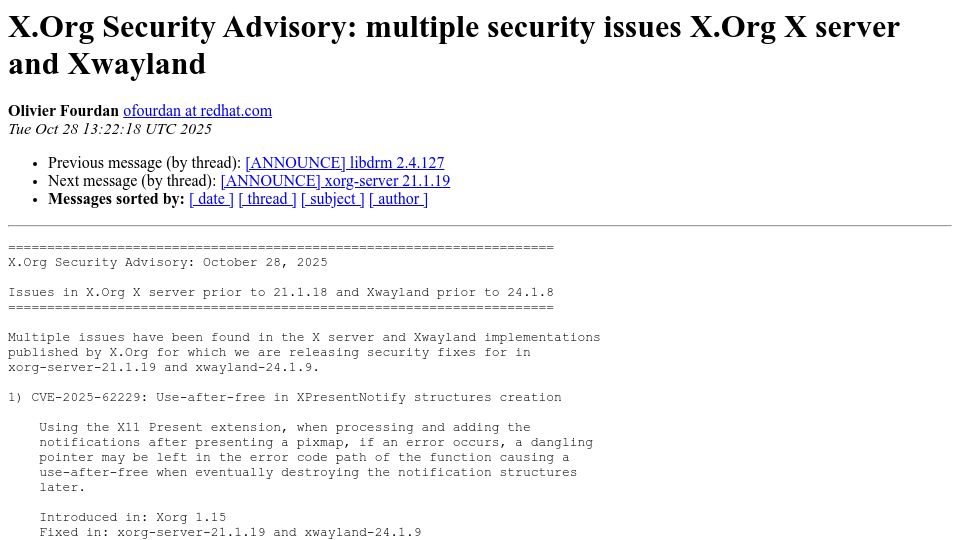 Screenshot of lists.x.org: X.org Security Advisory: multiple security issues X.Org X server and Xwayland