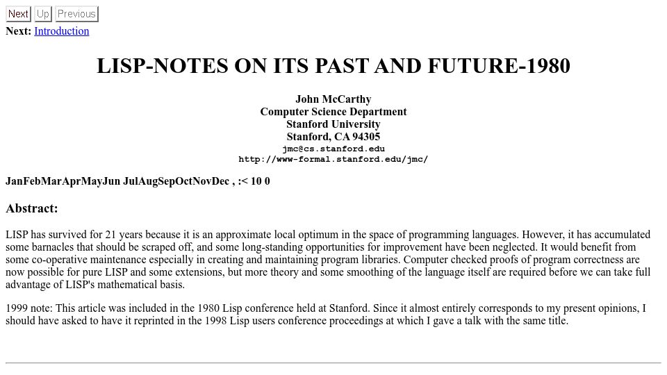 Screenshot of www-formal.stanford.edu: Lisp: Notes on its Past and Future (1980)