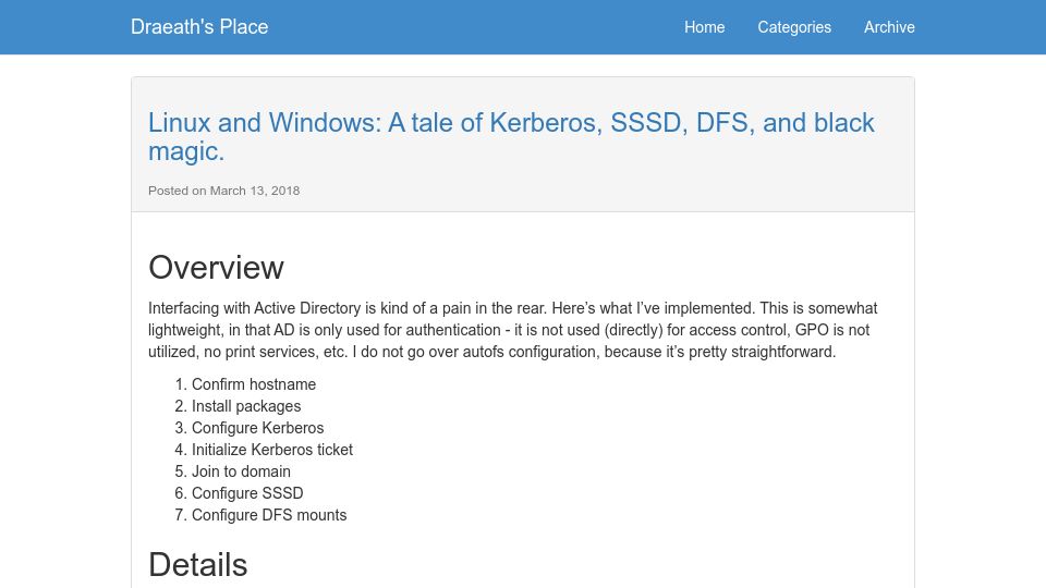 Screenshot of draeath.net: Linux and Windows: A tale of Kerberos, SSSD, DFS, and black magic (2018)