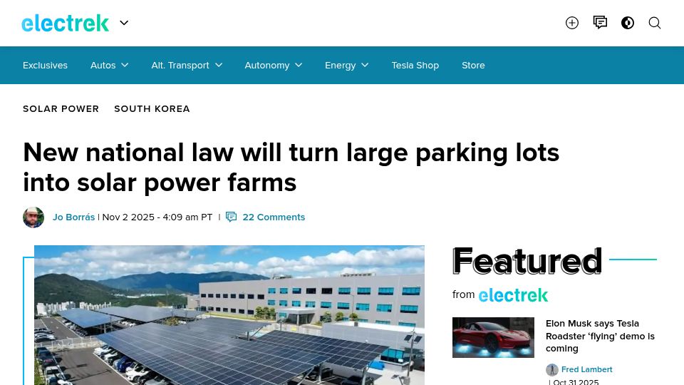 Screenshot of electrek.co: New South Korean national law will turn large parking lots into solar farms