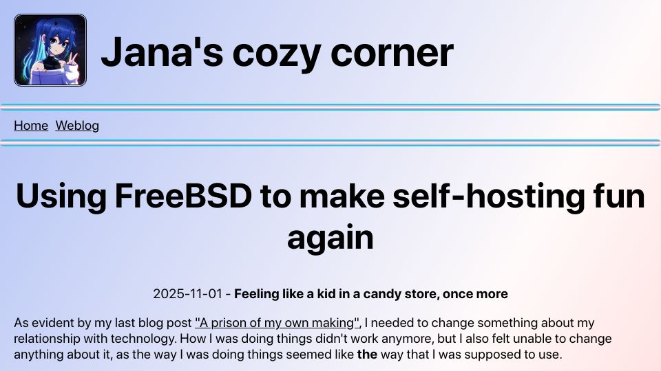 Screenshot of jsteuernagel.de: Using FreeBSD to make self-hosting fun again