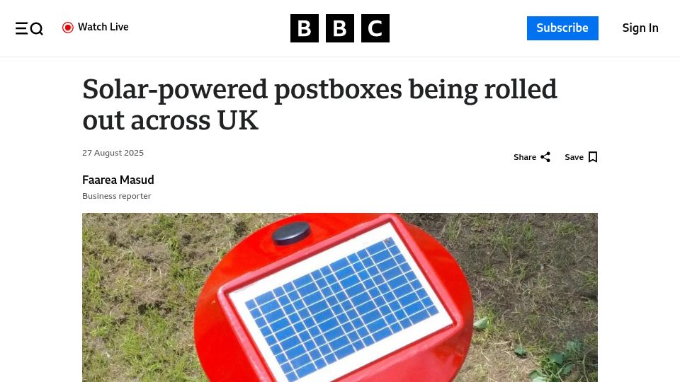 Screenshot of bbc.co.uk: Solar-powered QR reading postboxes being rolled out across UK