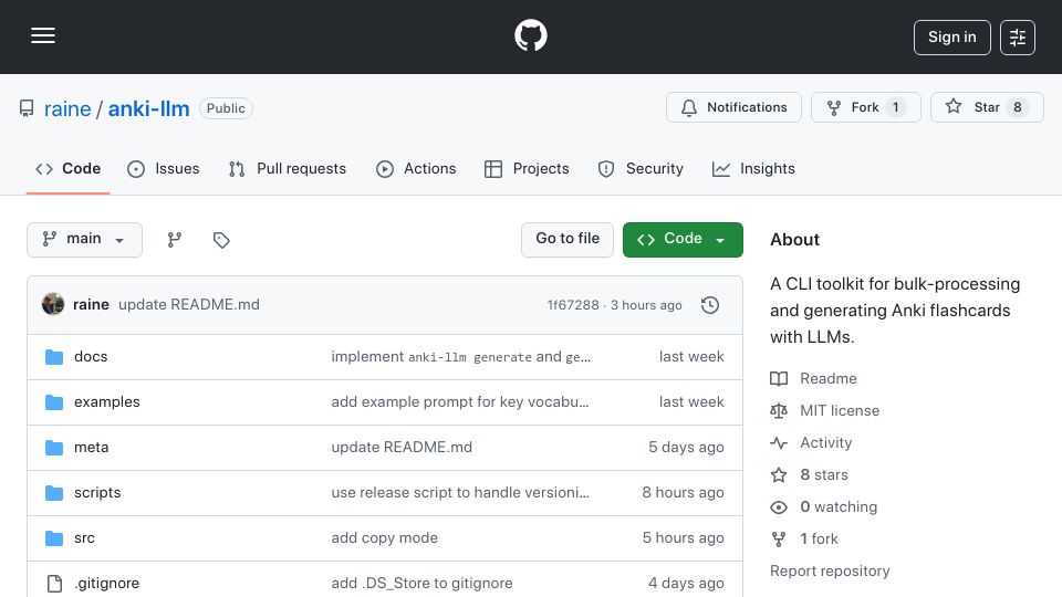Screenshot of github.com: Show HN: Anki-LLM – Bulk process and generate Anki flashcards with LLMs