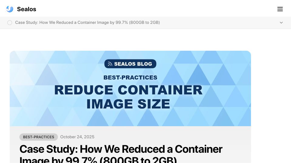 Screenshot of sealos.io: We reduced a container image from 800GB to 2GB