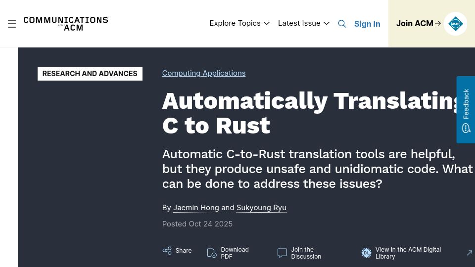 Screenshot of cacm.acm.org: Automatically Translating C to Rust