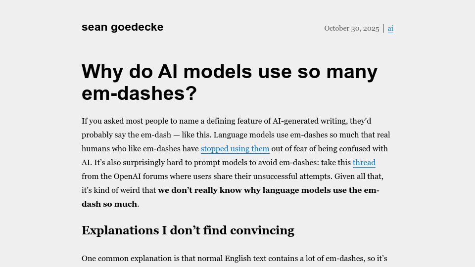 Screenshot of seangoedecke.com: Why do AI models use so many em-dashes?