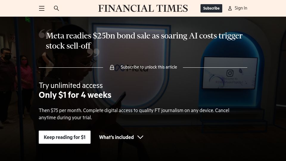 Screenshot of ft.com: Meta readies $25B bond sale as soaring AI costs trigger stock sell-off