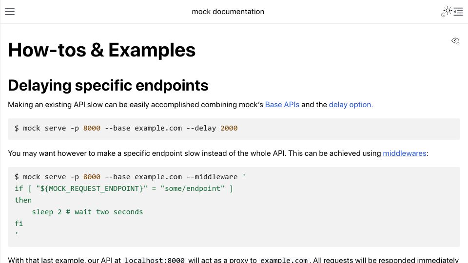 Screenshot of dhuan.github.io: Mock – An API creation and testing utility: Examples