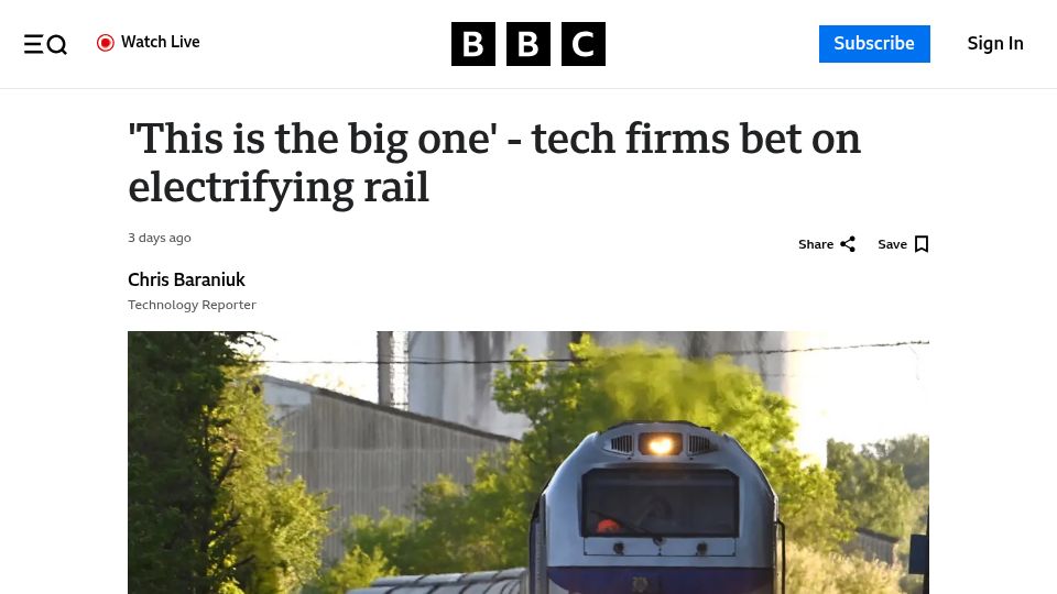 Screenshot of bbc.com: 'This is the big one' – tech firms bet on electrifying rail
