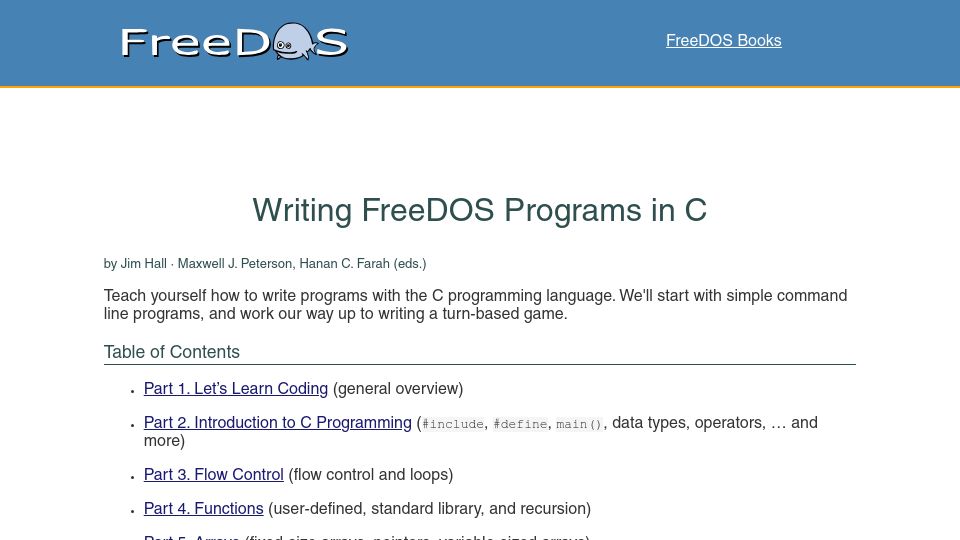 Screenshot of freedos.org: Writing FreeDOS Programs in C