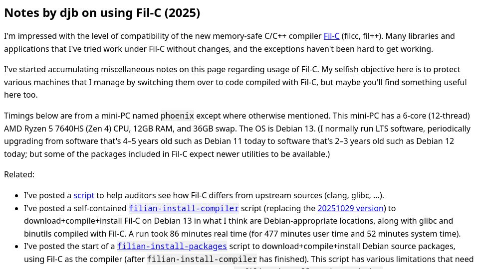 Screenshot of cr.yp.to: Notes by djb on using Fil-C