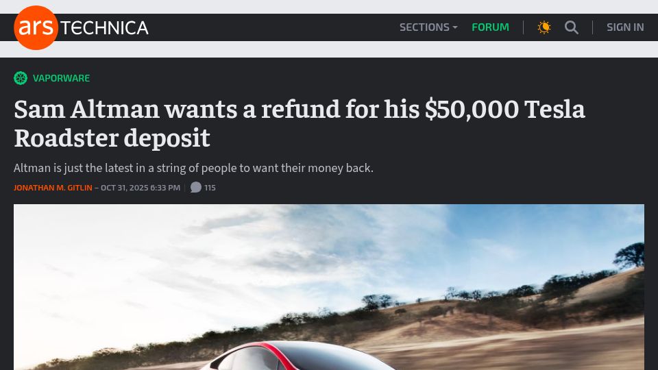 Screenshot of arstechnica.com: Sam Altman wants a refund for his $50k Tesla Roadster deposit