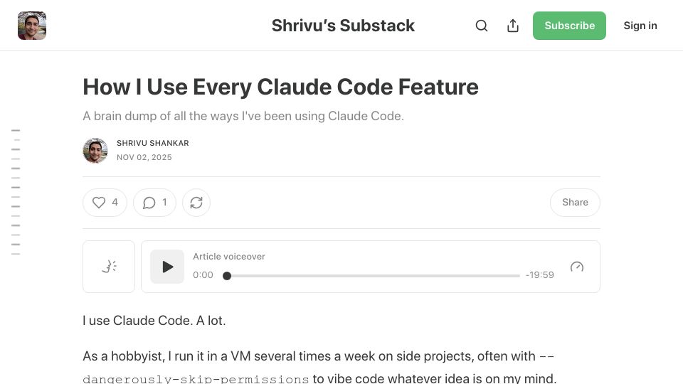 Screenshot of blog.sshh.io: How I use every Claude Code feature