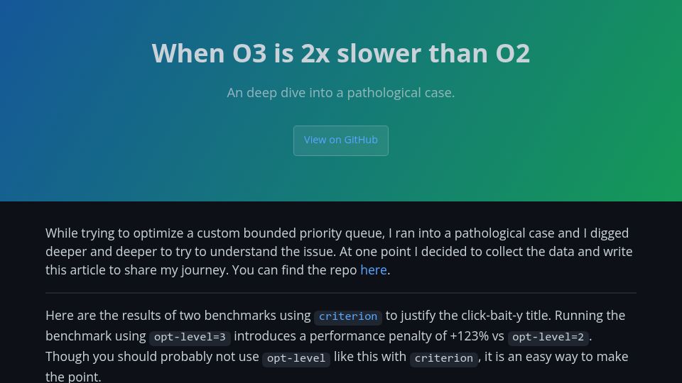 Screenshot of cat-solstice.github.io: When O3 is 2x slower than O2