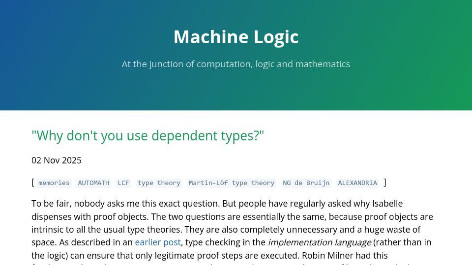 Screenshot of lawrencecpaulson.github.io: Why don't you use dependent types?